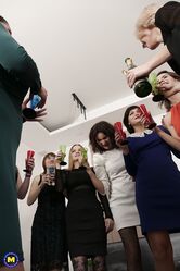 Nine horny European women sharing one big cock in a frenzied sex party