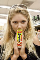 Blonde female Nola Barry steals food and misuses it for own sexual perversions