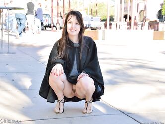Adorable amateur babe Aeris reveals her twat in public and masturbates at home