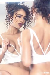 Astonishing ebony teen Scarlit Scandal sucks & rides a blue toy in the mirror