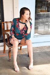 Babe Bella flashes her panties & natural boobs in public before masturbating