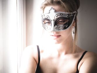 Masked Ukrainian teen Mia Luna poses in her lingerie and rubs her pink hole