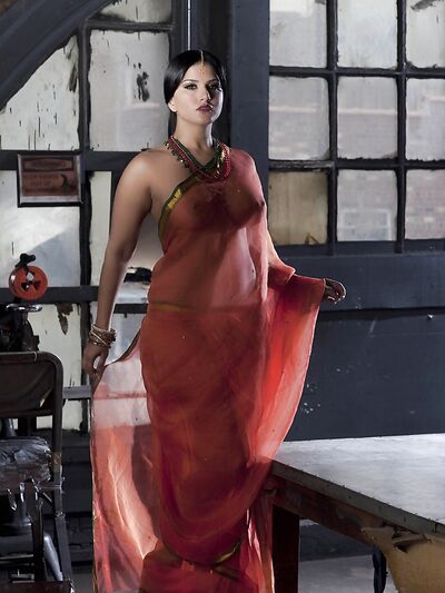 Busty solo girl Sunny Leone models solo in see thru Indian attire