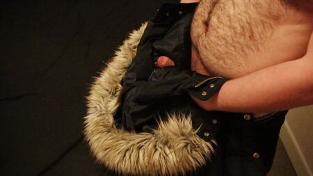 Topshop Navy Fur Hood Puffer Jacket Wank and Cumshot