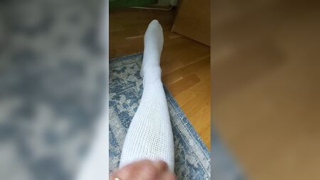 Trying on my new AA white thigh high socks! First time!