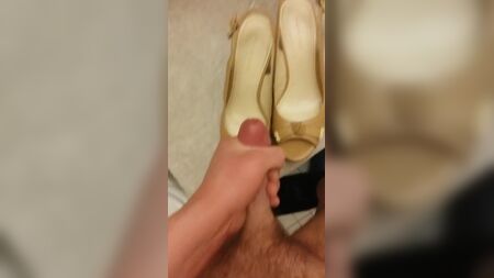 Cum on Her Shoes - Tan Peep Toe Wedges