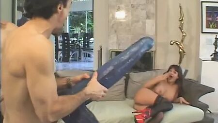 Two well hung guys break all three holes of this dark haired sex-craved whore