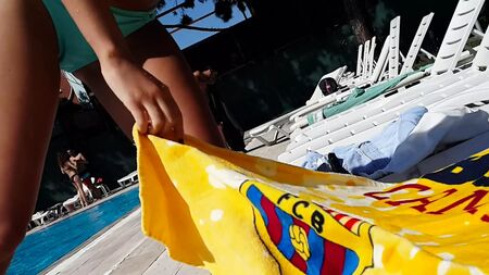 Gf shows pussy lines and cameltoe in wet bikini at the pool