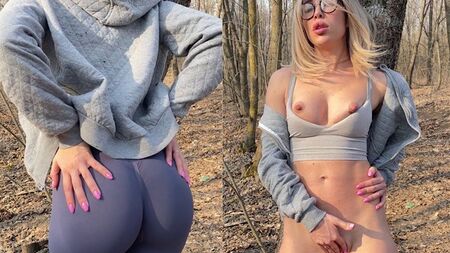 blonde MILF on a run masturbates in public and gets squirted in leggings