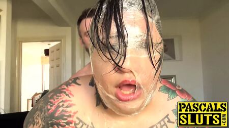 Inked submissive BBW hammered and dominated over