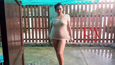 Summer rainy day. Wet underwear. Rain. Umbrella. private, milf, horny, doll, underwear, slave, wet, panties, rain