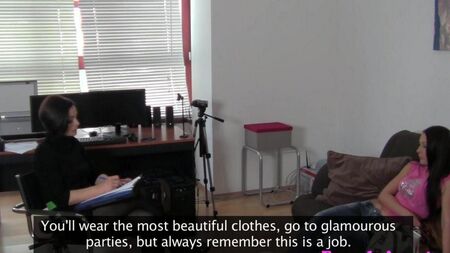Lesbian sex with a vibrator at a casting