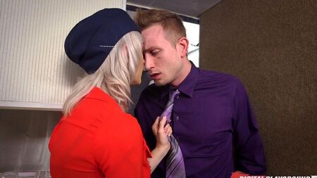 The stewardess makes a blowjob to the passenger in sight