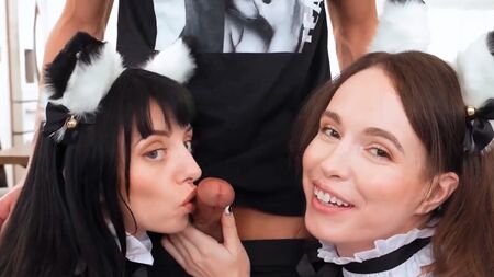 Sexy Sugar Babes In Slutty Maid Uniforms Brooke Johnson, Kitty Cam and Lily Thot Share Stud