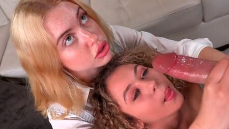 HJ teen duo enjoy with hard cock in wanking 3some action