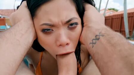 Petite Brunette Vina Sky Climbs On Muscular Dude's Big Cock By The Pool