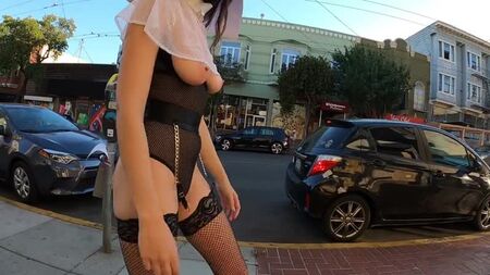 ShyGothExhib - Shameless Nun walking Topless with Halloween Costume in Public