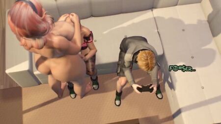 3D Shemale Mom fuck teen daughter - Cartoon Tranny fucks Girl while the son played on the console 3D Futanari Animation